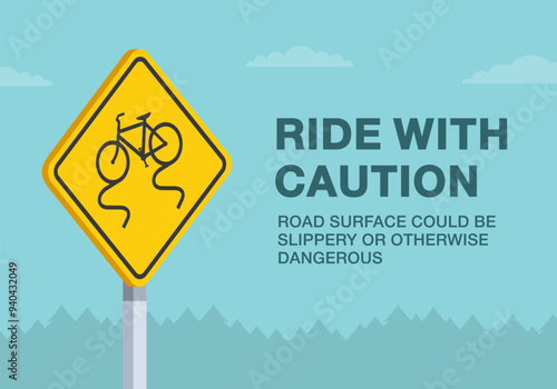 Safe driving tips and traffic regulation rules. Close-up of United States "bicycle slippery when wet ahead" sign. Ride with caution, road surface could be slippery. Flat vector illustration template.