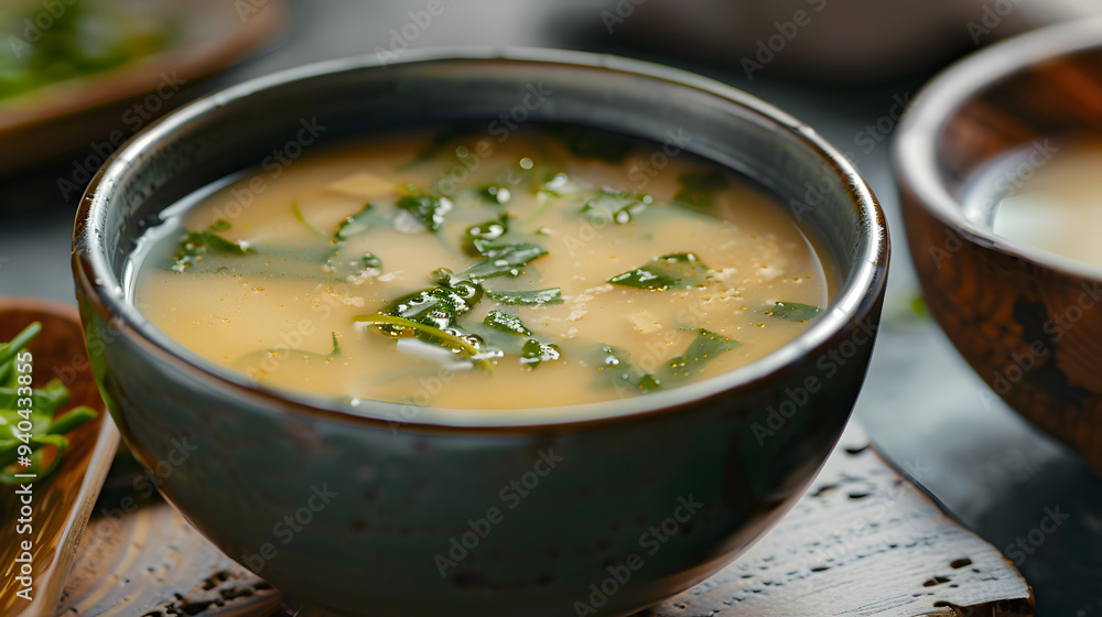 A bowl of traditional miso soup garnished with seaweed, served in a rustic ceramic bowl, offering a warm and comforting Japanese dish. A bowl of traditional miso soup garnished with seaweed, served in a rustic ceramic bowl, offering a warm and comforting Japanese dish.