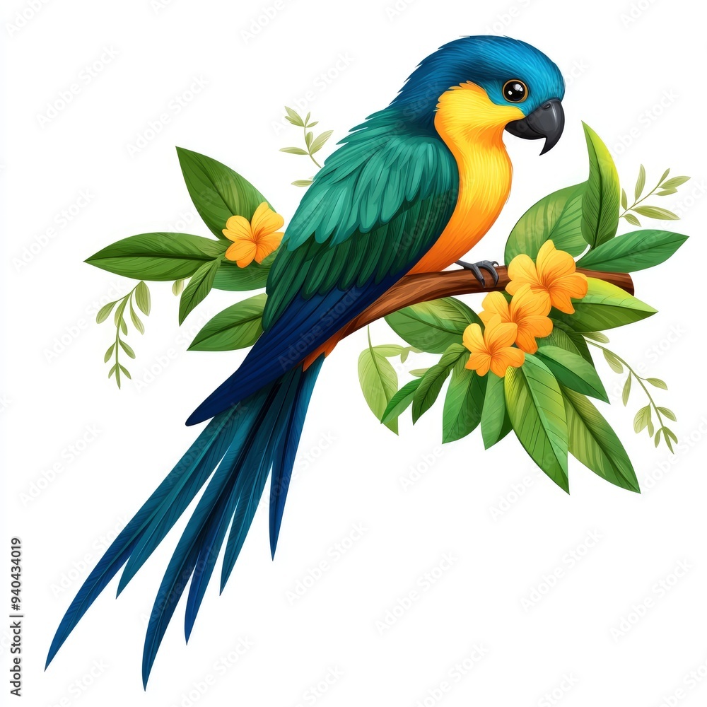 Fototapeta premium Colorful Parrot Perched on Branch with Yellow Flowers