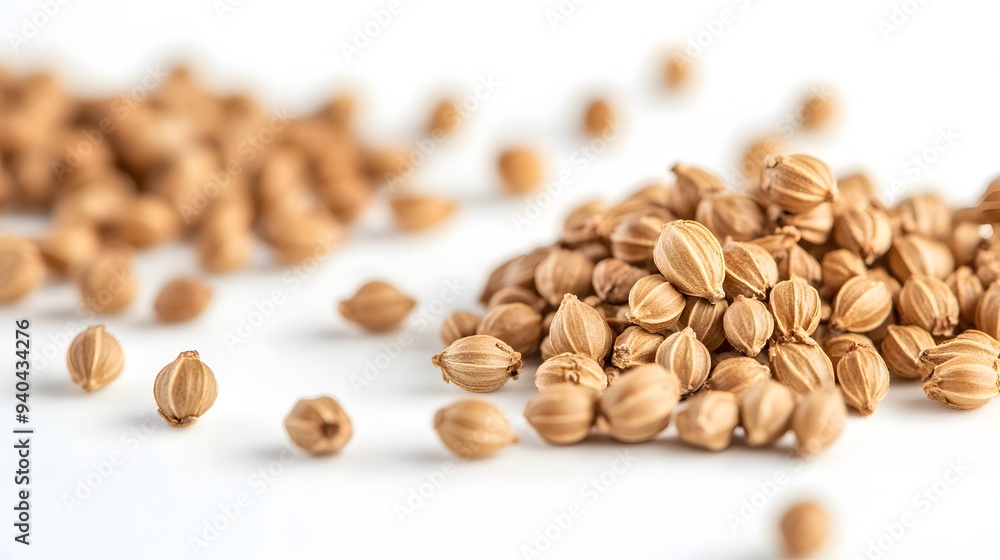 30. A close-up of coriander seeds isolated on a white backdrop 30. A close-up of coriander seeds isolated on a white backdrop