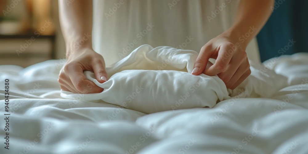 Luxurious Hotel Service: Close-up of Hands Placing Crisp White Sheets on Bed. Five-Star Hospitality Excellence, Premium Accommodation Experience. Elegant Minimalist Design for Hospitality Marketing, T Luxurious Hotel Service: Close-up of Hands Placing Crisp White Sheets on Bed. Five-Star Hospitality Excellence, Premium Accommodation Experience. Elegant Minimalist Design for Hospitality Marketing, T