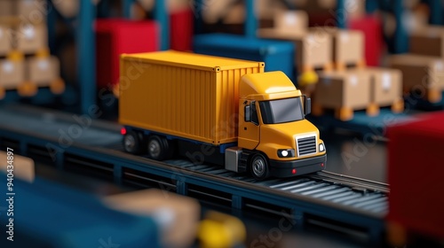 A vibrant yellow truck transporting cargo through a busy warehouse filled with boxes and containers, symbolizing logistics and delivery.