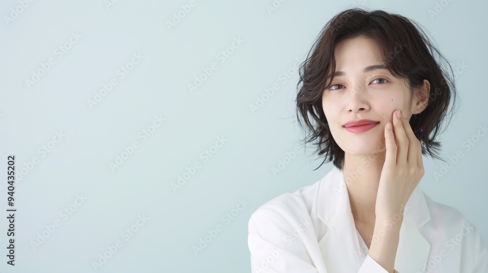 Beautiful asian woman with clean fresh skin on soft-focus background, hand on face. Beautiful asian woman with clean fresh skin on soft-focus background, hand on face.