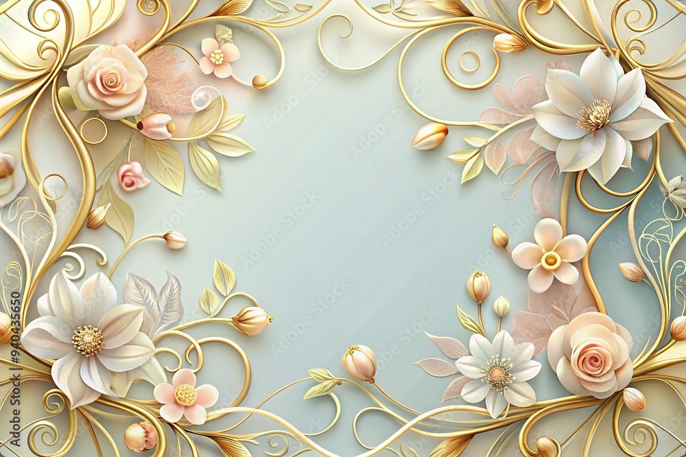 Intricate vector floral frame with delicate petals and swirling tendrils, forming a beautiful border for text or images, in soft pastel hues and gold accents. Intricate vector floral frame with delicate petals and swirling tendrils, forming a beautiful border for text or images, in soft pastel hues and gold accents.