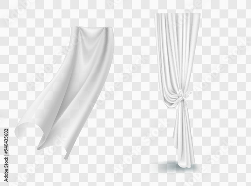 Set of realistic fluttering white cloths, soft lightweight clear material isolated on transparent background vector illustration