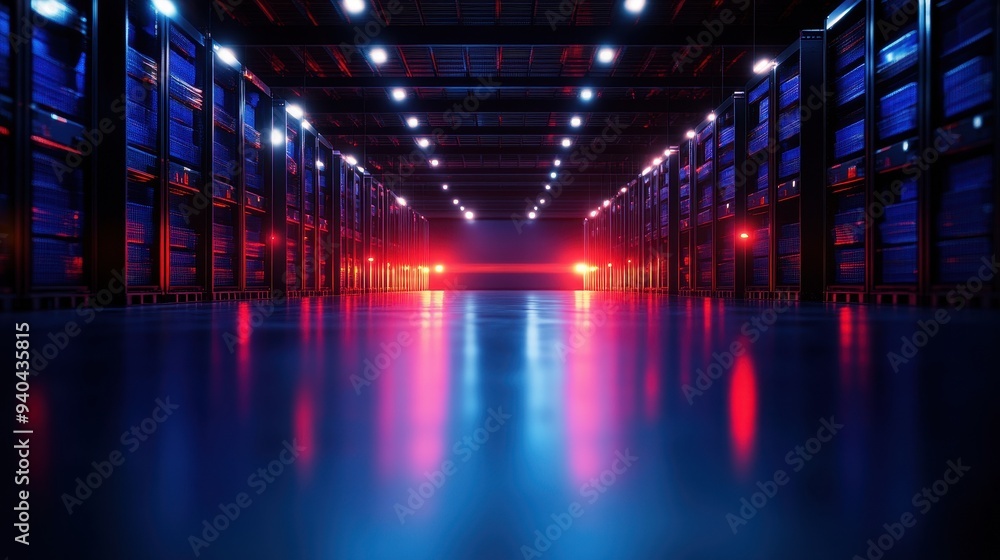 custom made wallpaper toronto digitalFuturistic warehouse interior with dramatic lighting and high-tech ambiance, featuring rows of shelves and a glossy floor.