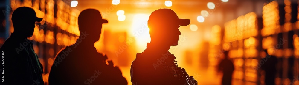 Silhouettes of security personnel standing guard in a warehouse during sunset, highlighting their vigilance and responsibility. Silhouettes of security personnel standing guard in a warehouse during sunset, highlighting their vigilance and responsibility.