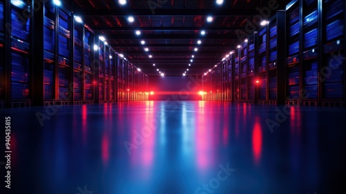 Wallpaper Mural Futuristic warehouse interior with dramatic lighting and high-tech ambiance, featuring rows of shelves and a glossy floor. Torontodigital.ca