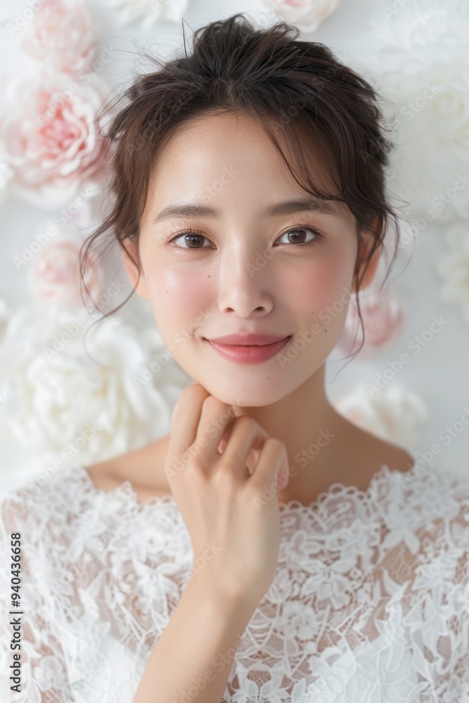 Beautiful Asian woman with clean fresh skin on soft-focus background, hand on face. Beautiful Asian woman with clean fresh skin on soft-focus background, hand on face.