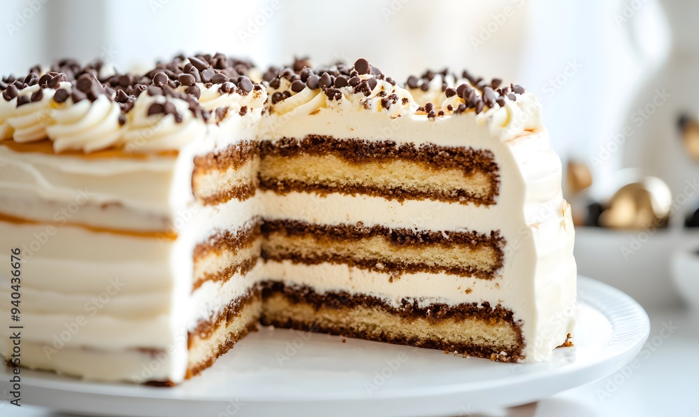 A delectable cake sits upon a delicate platter, Generative AI A delectable cake sits upon a delicate platter, Generative AI