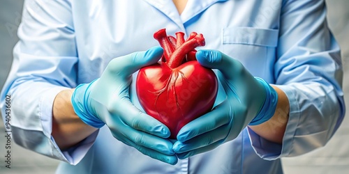 Latex medical gloves cradling a bright red anatomical heart model, symbolizing care, precision, and professional medical attention in a sterile healthcare environment. photo