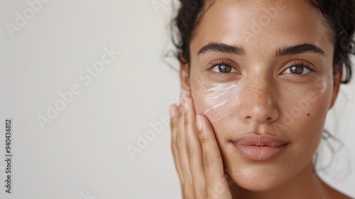 Beautiful India woman with clean fresh skin on soft-focus background, hand on face.