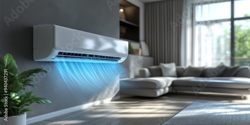 Energy-Efficient Air Conditioning in Modern Living Room: Cool Comfort Meets Eco-Friendly Design. Luxurious Home Climate Control for Hot Summers. Innovative Cooling Technology Enhancing Indoor Environm