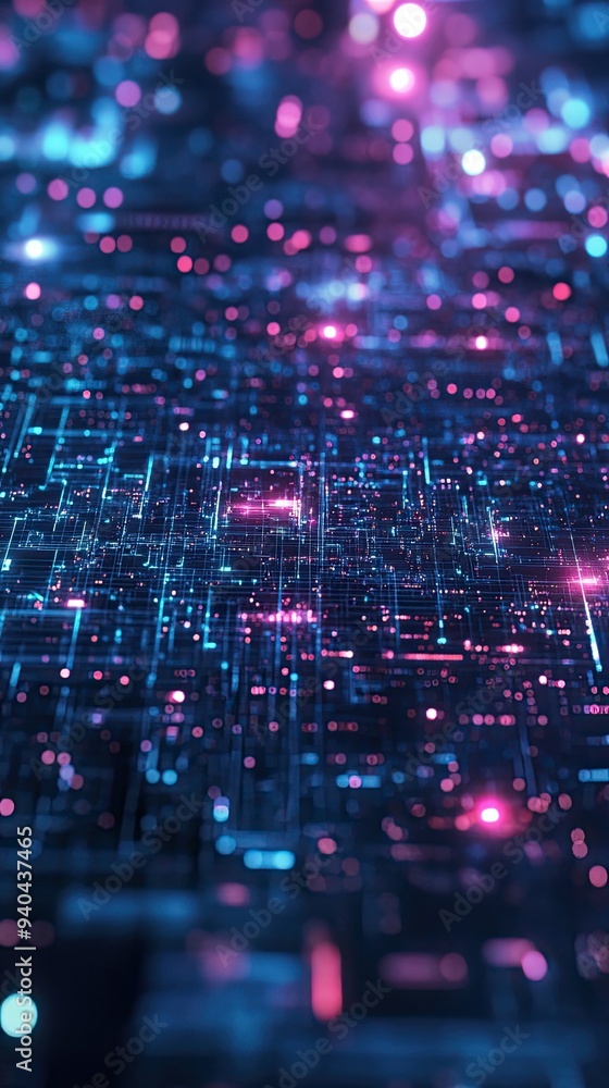 Obraz premium A vibrant abstract digital background featuring bright neon lights and intricate patterns, perfect for technology and innovation themes.
