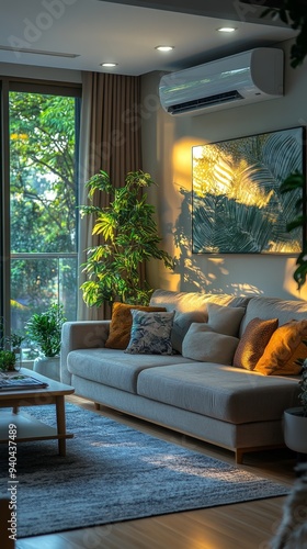 Energy-Efficient Air Conditioning in Modern Living Room: Cool Comfort Meets Eco-Friendly Design. Luxurious Home Climate Control for Hot Summers. Innovative Cooling Technology Enhancing Indoor Environm