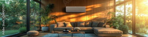 Energy-Efficient Air Conditioning in Modern Living Room: Cool Comfort Meets Eco-Friendly Design. Luxurious Home Climate Control for Hot Summers. Innovative Cooling Technology Enhancing Indoor Environm photo