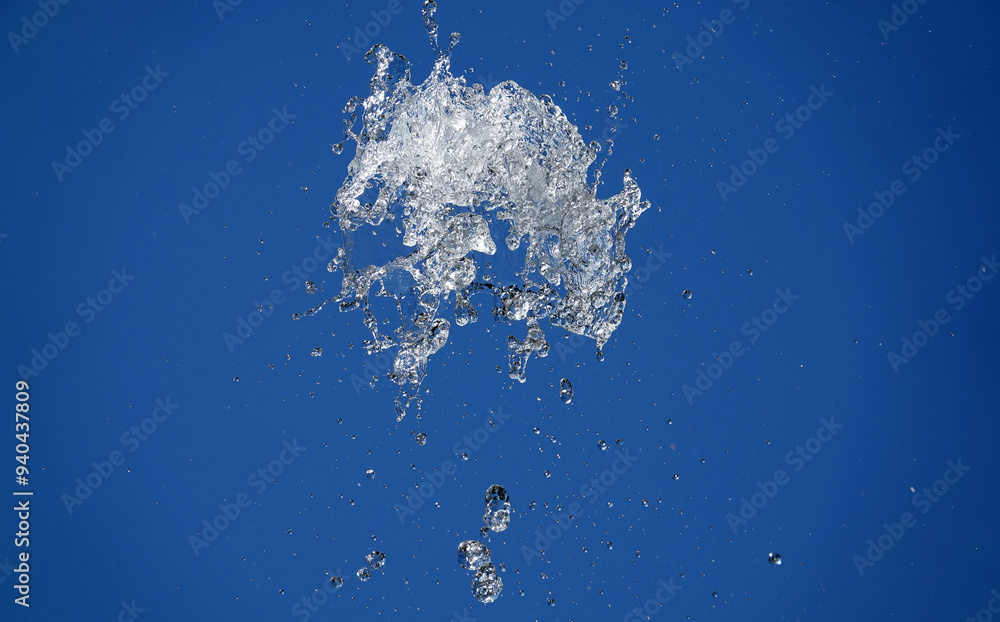 Fototapeta premium Water in flight on a blue background