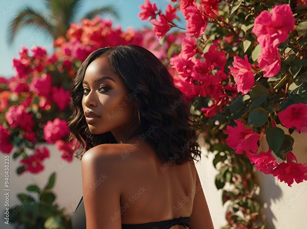 Sophisticated black model in a sleek black bikini, posing elegantly on a vibrant, sun-soaked terrace with colorful bougainvillea flowers cascading behind her. Sophisticated black model in a sleek black bikini, posing elegantly on a vibrant, sun-soaked terrace with colorful bougainvillea flowers cascading behind her.