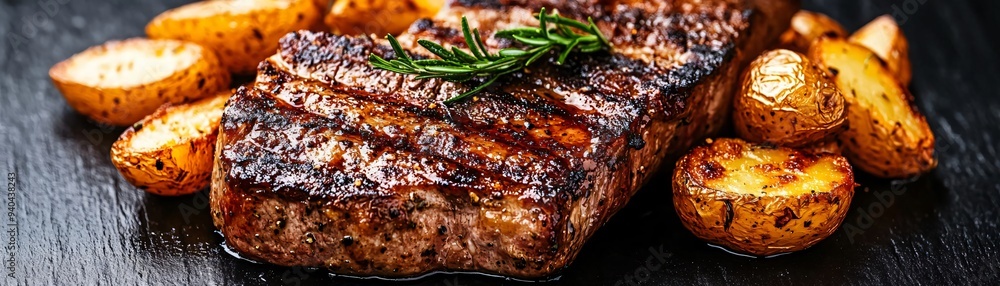 Delicious grilled steak served with golden roasted potatoes, garnished with fresh rosemary. Perfect for culinary delights. Delicious grilled steak served with golden roasted potatoes, garnished with fresh rosemary. Perfect for culinary delights.