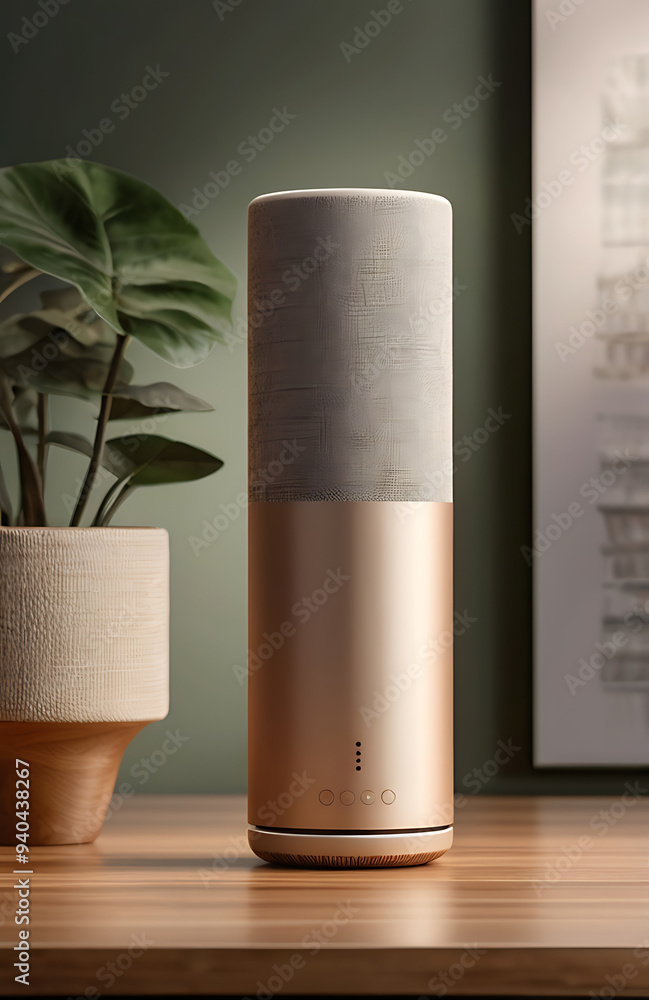 A high-resolution mock-up of a cylindrical smart speaker with a textured fabric exterior, placed on a wooden tabletop. The product is surrounded by soft lighting and a neutral, gradient background 