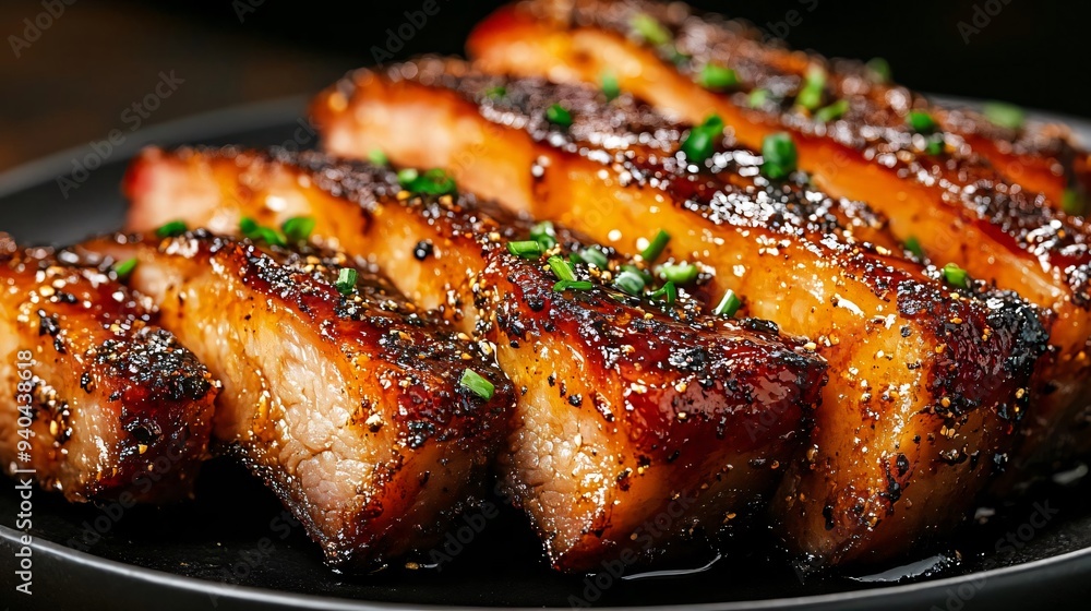 Deliciously glazed and perfectly grilled pork belly slices on a plate, garnished with fresh herbs, ideal for culinary inspiration. Deliciously glazed and perfectly grilled pork belly slices on a plate, garnished with fresh herbs, ideal for culinary inspiration.