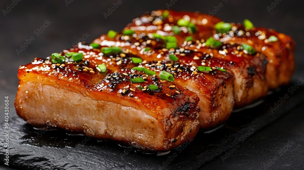 Deliciously glazed meat with vibrant herbs. Perfect for food lovers, gourmet cooking, or culinary presentations. Deliciously glazed meat with vibrant herbs. Perfect for food lovers, gourmet cooking, or culinary presentations.