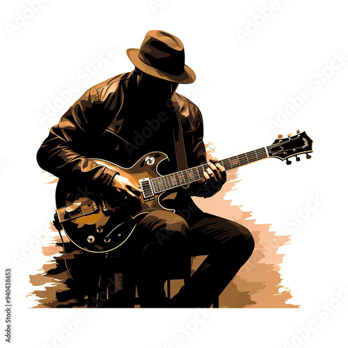 generated illustration painting of African American jazz musician blues club guitarist.