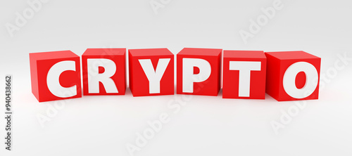 Luxury red inscription crypto on grey podium, soft light, smooth background, 3d rendering