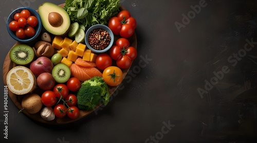 Balanced nutrition concept for clean eating flexitarian mediterranean diet. Assortment of healthy food ingredients for cooking on a wooden kitchen table. generative.ai