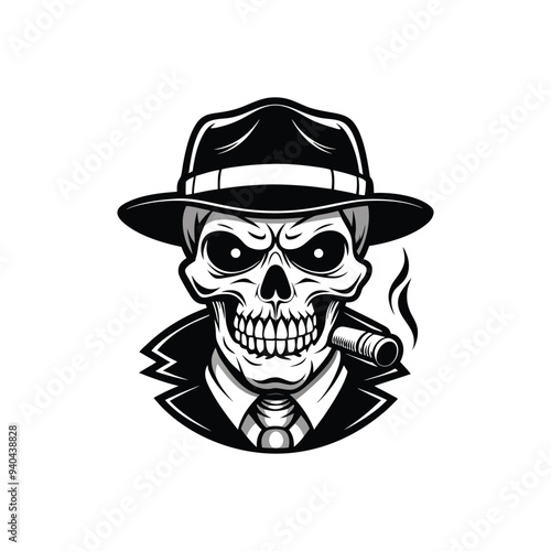 criminal and mafia Gangster skull vector logo design, gangster Head of skeleton in hat with cigar in its mouth vector illustration design