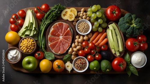 Balanced nutrition concept for clean eating flexitarian mediterranean diet. Assortment of healthy food ingredients for cooking on a wooden kitchen table. generative.ai