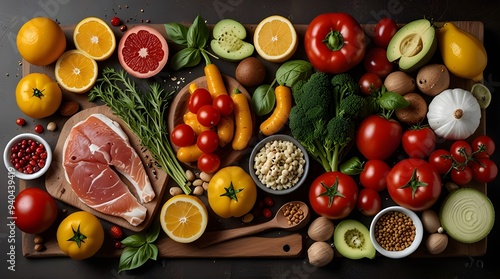 Balanced nutrition concept for clean eating flexitarian mediterranean diet. Assortment of healthy food ingredients for cooking on a wooden kitchen table. generative.ai