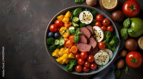 Balanced nutrition concept for clean eating flexitarian mediterranean diet. Assortment of healthy food ingredients for cooking on a wooden kitchen table. generative.ai