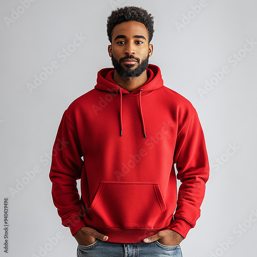 a black man model wearing a plain red hoodie 