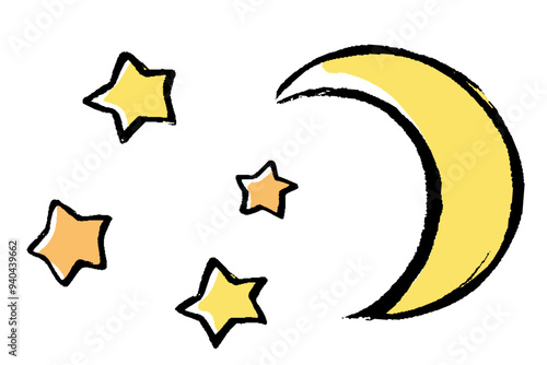 筆タッチの月と星のイラスト