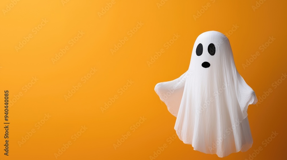Cute cartoon ghost floating on vibrant orange Halloween background. Cute cartoon ghost floating on vibrant orange Halloween background.