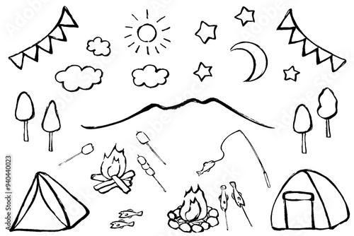 筆タッチのキャンプイメージのモノクロ線画イラストセット