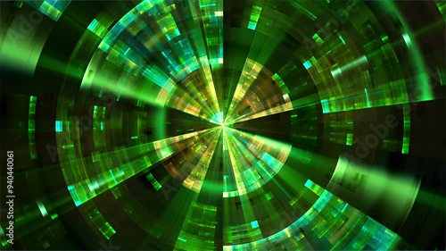 Green techno futuristic abstract concentric circles seamless loop. Fractal art. Digital scan, radar, camera lens aperture or other technology.