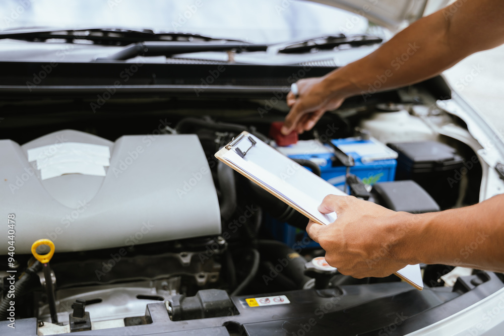 A technician in a Thailand auto repair shop conducts diagnostics on a car engine using a laptop. The scene highlights advanced technology in automotive inspection and repair. A technician in a Thailand auto repair shop conducts diagnostics on a car engine using a laptop. The scene highlights advanced technology in automotive inspection and repair.