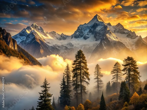 Majestic snow-capped peaks tower above a mystical, mist-shrouded valley, where ancient trees stand guard and mythical creatures lurk in the eerie, golden-hour light. photo