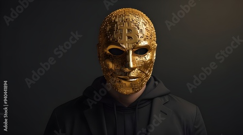 Faceless man in golden mask who developed bitcoin cryptocurrency protocol. generative.ai