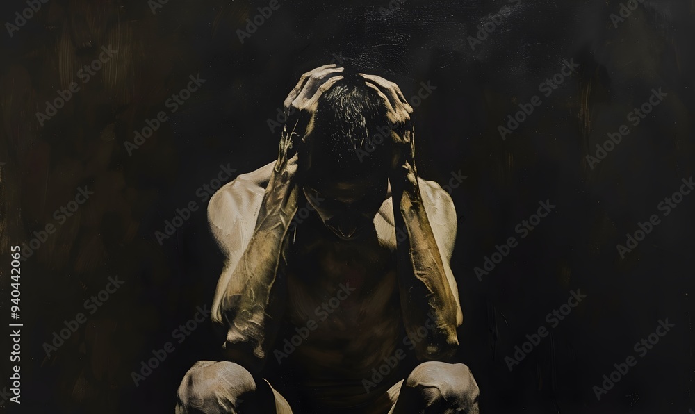 Man sitting alone felling sad worry or fear and hands up on head on black background. Man sitting alone felling sad worry or fear and hands up on head on black background.