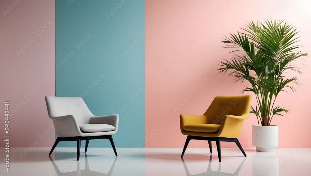 Two Chairs and a Potted Plant Against a Vibrant Blue, Pink, and Green Wall with a Bold Backdrop Two Chairs and a Potted Plant Against a Vibrant Blue, Pink, and Green Wall with a Bold Backdrop