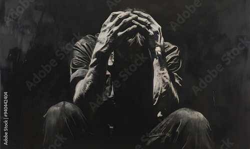 Man sitting alone felling sad worry or fear and hands up on head on black background.