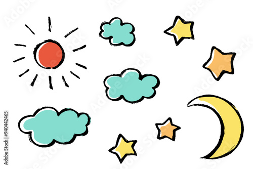 筆タッチの太陽と雲と月と星のセット
