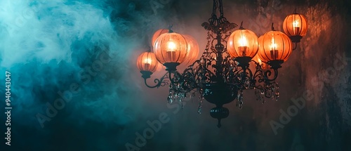 Moody and Mysterious Art Nouveau Inspired Chandeliers and Lighting Create a Hauntingly Elegant Atmosphere for Halloween and Holiday Events Photography Concept with Copy Space for Text Overlay