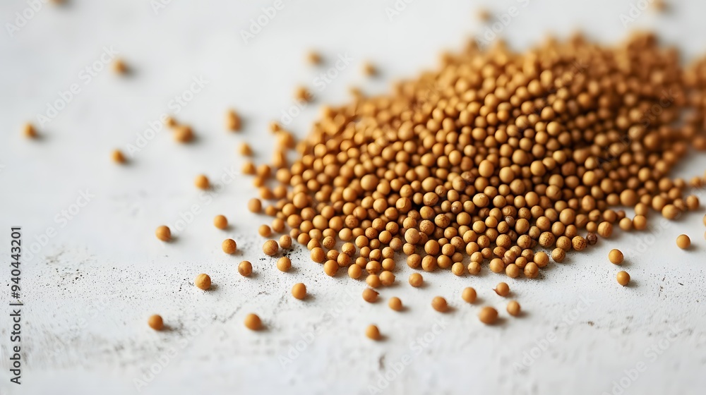 16. A handful of mustard seeds scattered across a white surface 16. A handful of mustard seeds scattered across a white surface
