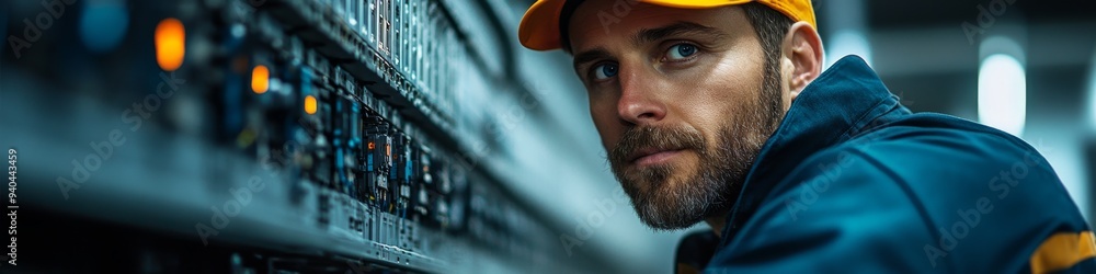 Obraz premium Professional Electrician at Work: Skilled Technician Repairing Electrical Distribution Panel with Cables. Labor Day Tribute to Essential Workers. Engineering Expertise in Action, Showcasing Safety and