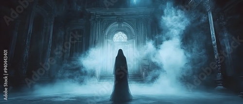 Mysterious ghostly apparition materializing in the dimly lit fog filled interior of an ancient decaying Gothic mansion on a Halloween night Atmospheric