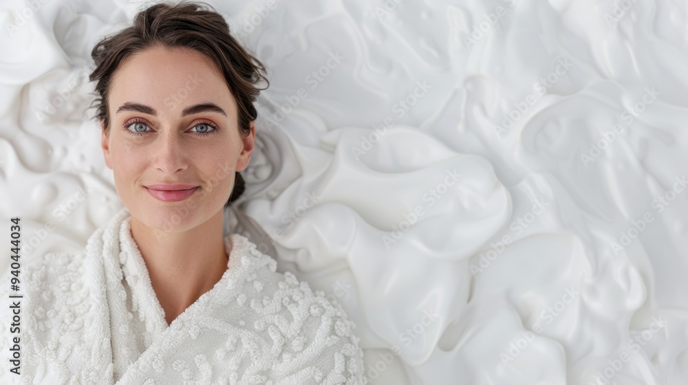 Serene woman with dewy complexion, soft-focus natural beach setting, enjoying skincare routine. Serene woman with dewy complexion, soft-focus natural beach setting, enjoying skincare routine.